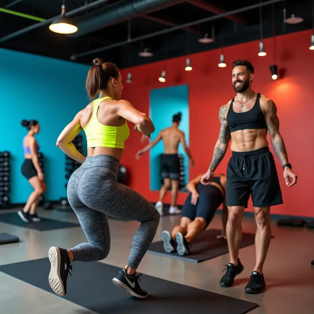 Entrenador guiando a un grupo de personas en una estación de ejercicios.